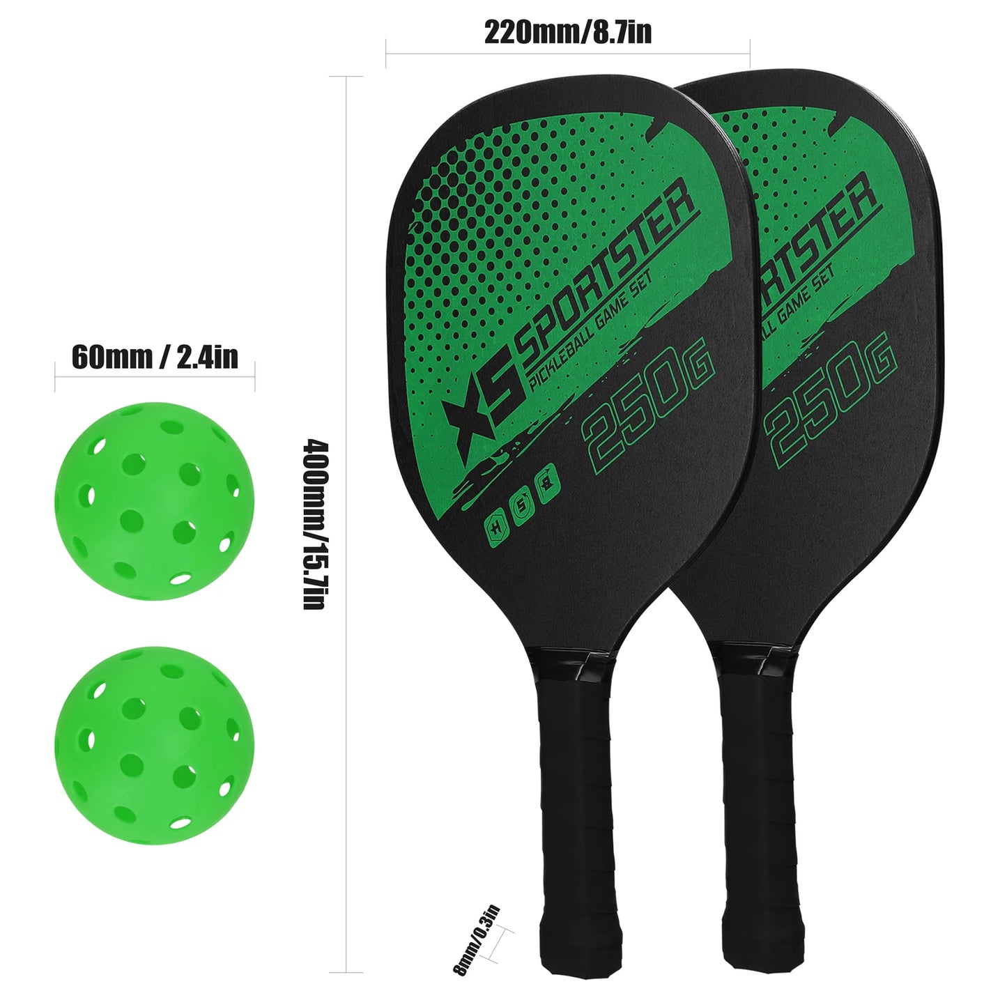 Pickleball Paddle Set of 2 Rackets & 4 Pickleballs