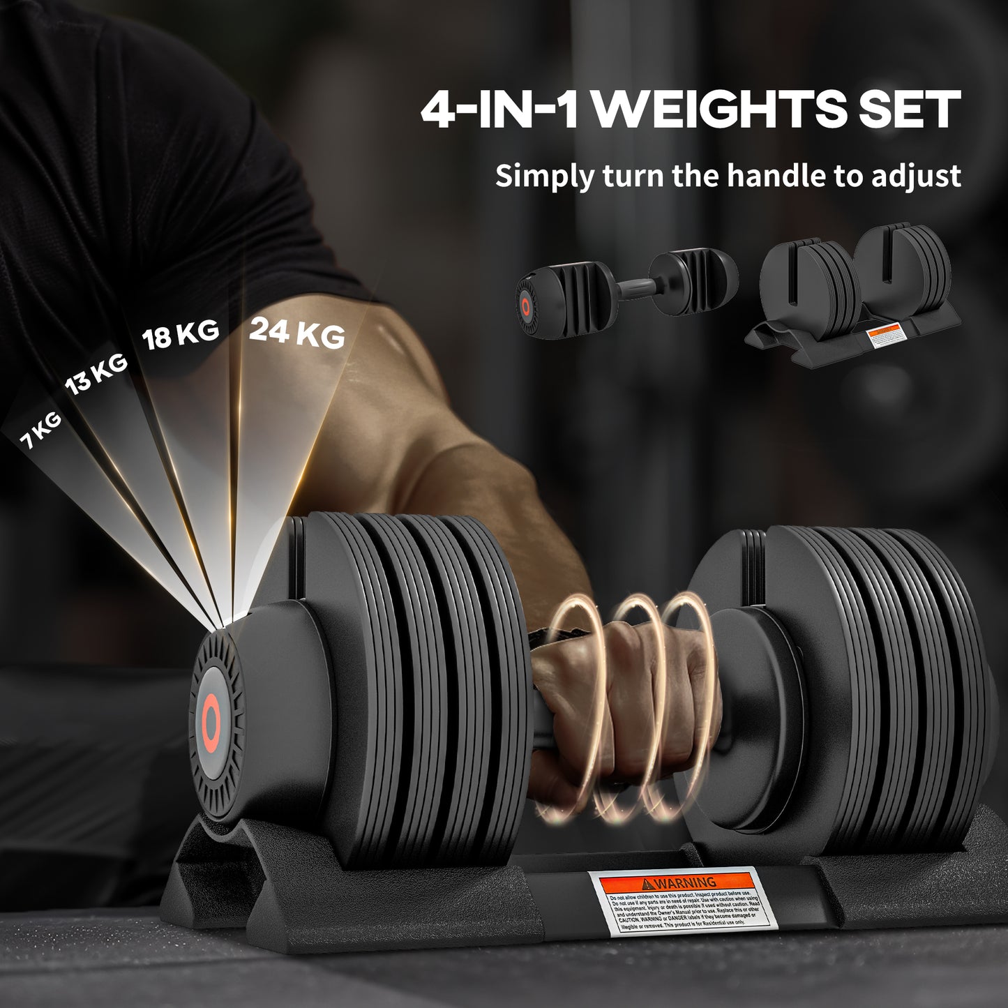 Adjustable Dumbbells Set, 4-in-1 Weights Set with Storage Tray and Non-Slip Handle, 7KG 13KG 18KG 24KG | SPORTNOW
