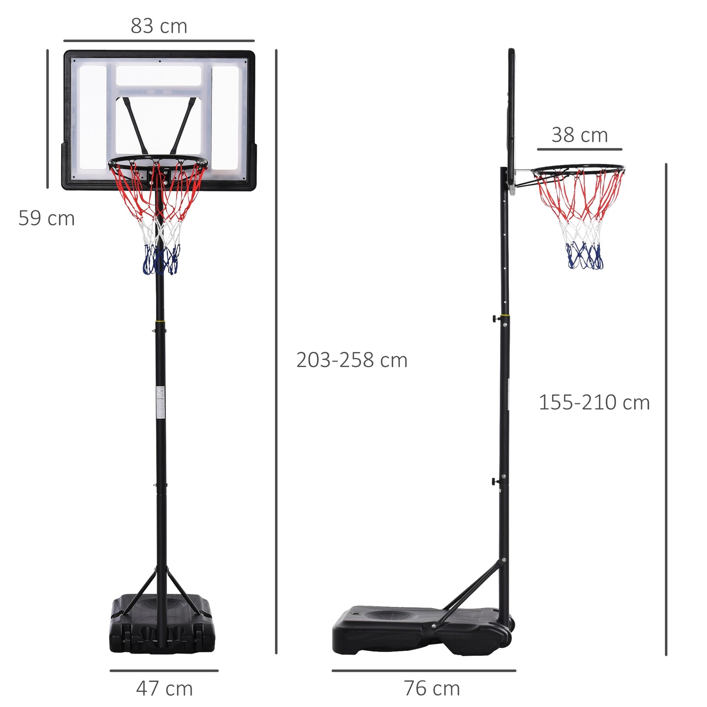 Height Adjustable Basketball Hoop and Stand, Free Standing Basketball Hoop System with Fillable Base and Wheels, for Teens Junior | HOMCOM