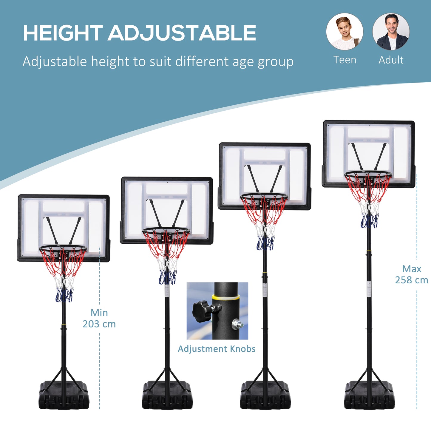 Height Adjustable Basketball Hoop and Stand, Free Standing Basketball Hoop System with Fillable Base and Wheels, for Teens Junior | HOMCOM
