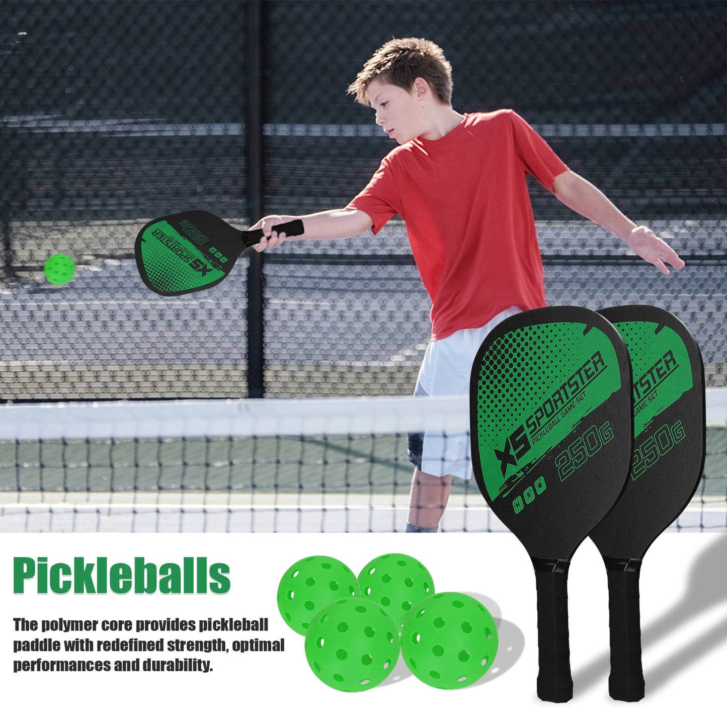 Pickleball Paddle Set of 2 Rackets & 4 Pickleballs