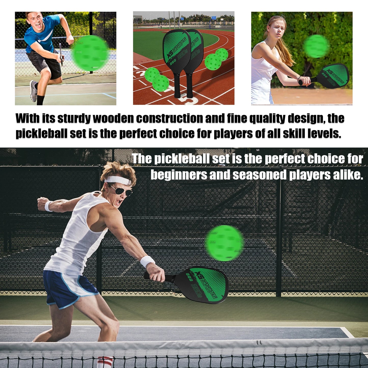 Pickleball Paddle Set of 2 Rackets & 4 Pickleballs