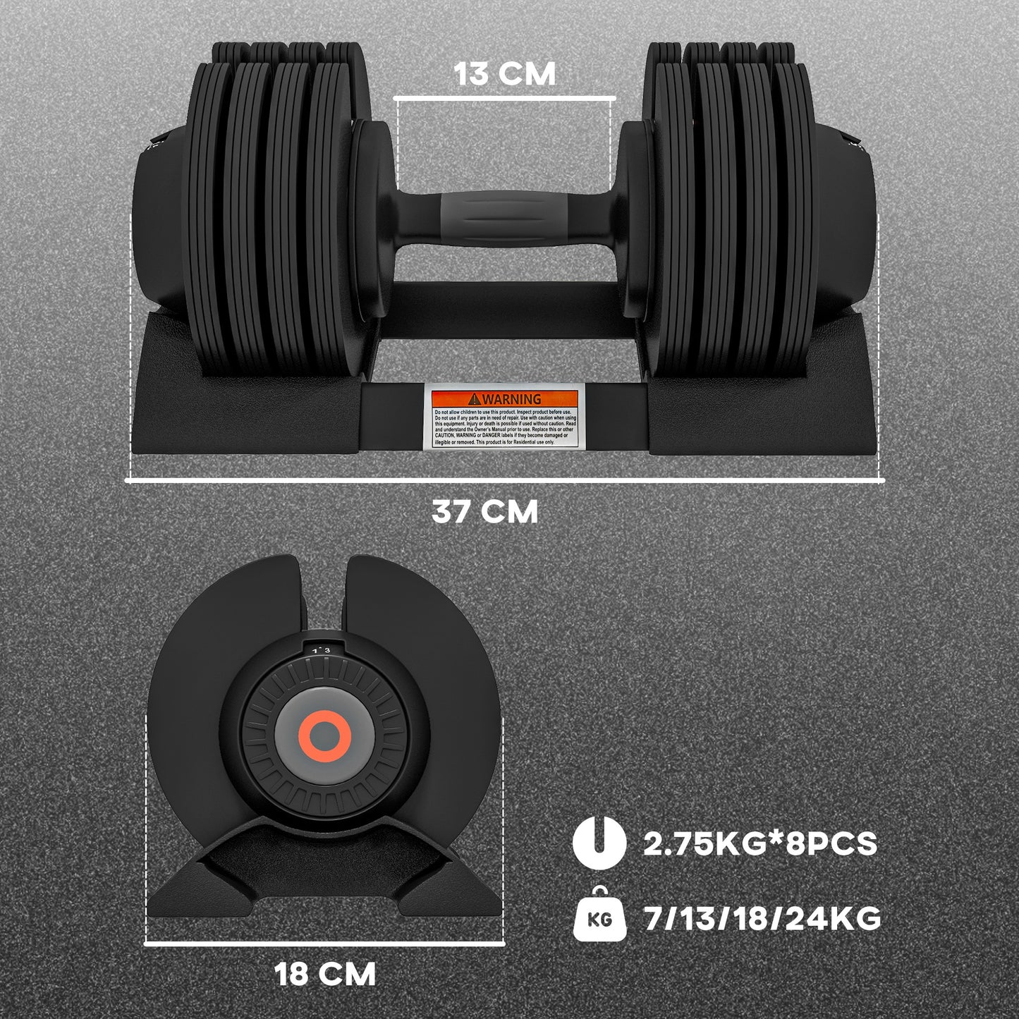 Adjustable Dumbbells Set, 4-in-1 Weights Set with Storage Tray and Non-Slip Handle, 7KG 13KG 18KG 24KG | SPORTNOW